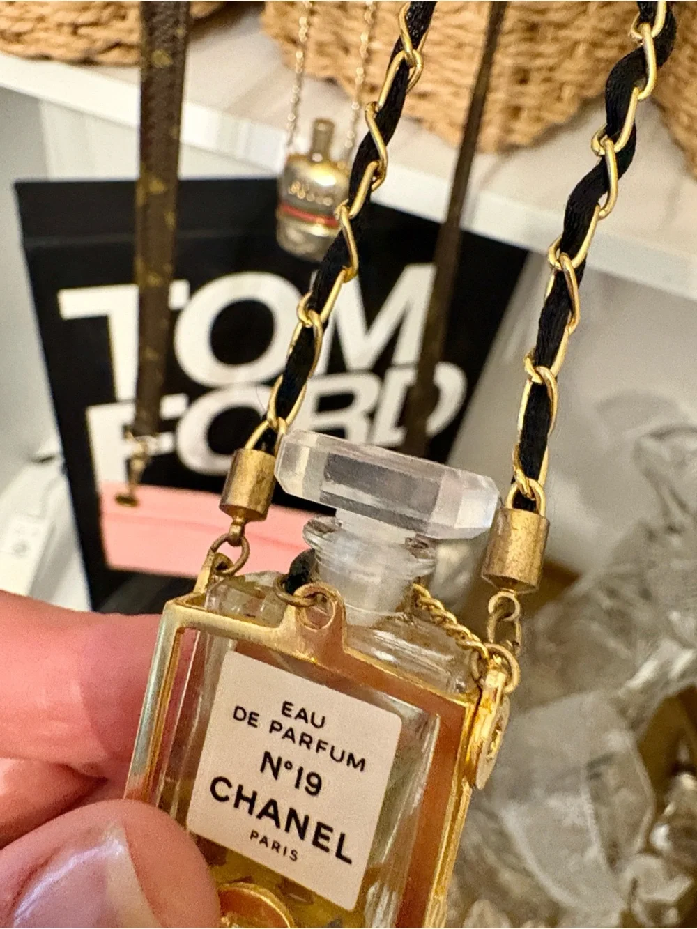 CHANEL Gold and Clear N°19 Perfume Bottle Pendant Necklace